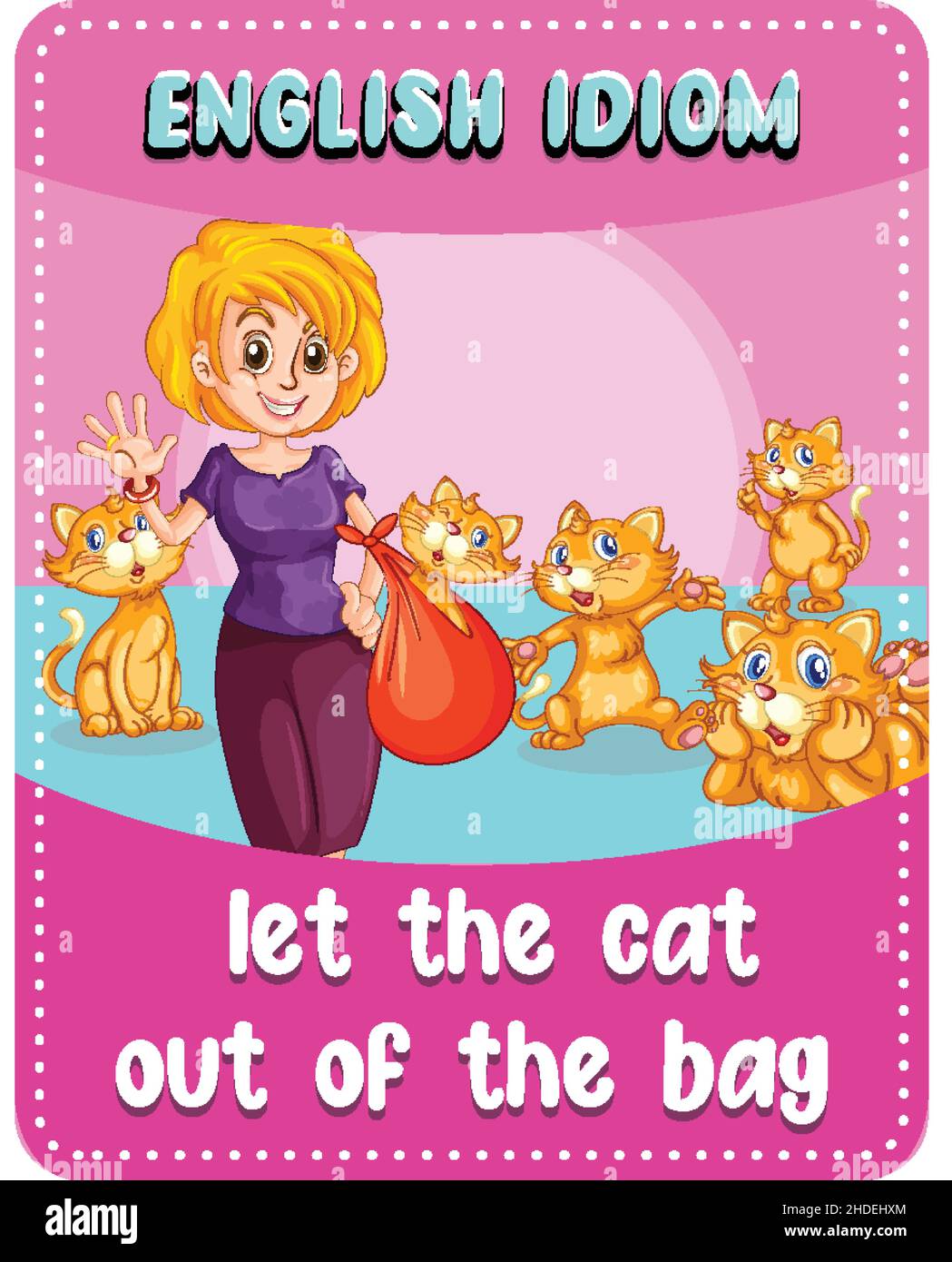 English idiom with let the cat out of the bag illustration Stock Vector