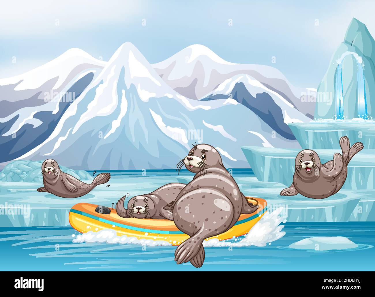 Antarctica landscape with seal in inflatable boat illustration Stock Vector