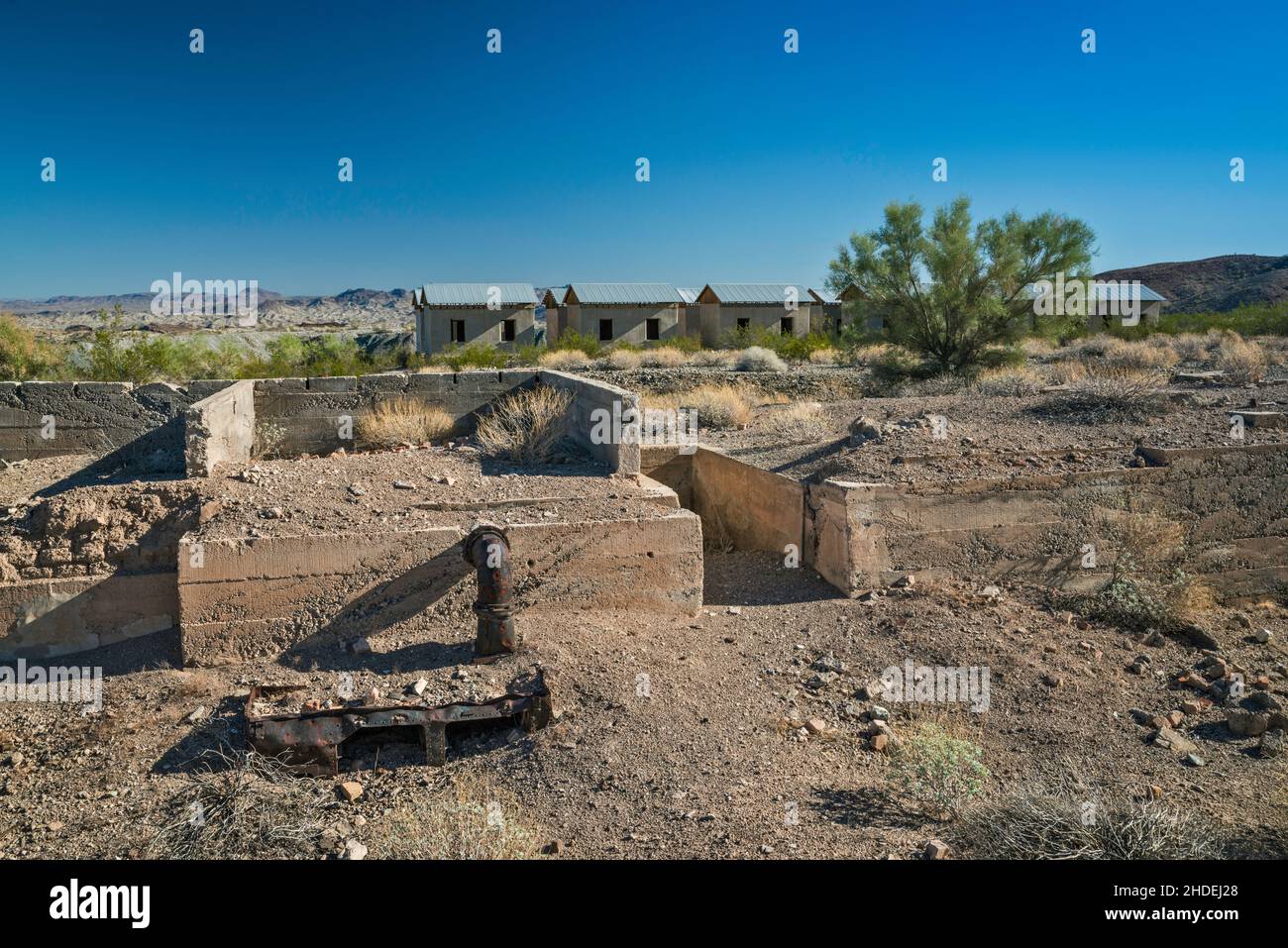 Mess & Recreation Hall, 1912, ruins at Swansea copper mining townsite, Buckskin Mountains, Sonoran Desert, Arizona, USA Stock Photo
