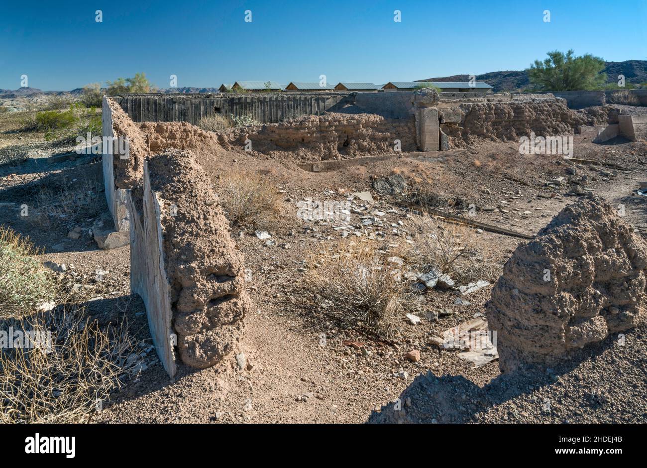 Clara Consolidated Offices, 1909, ruins at Swansea copper mining townsite, Buckskin Mountains, Sonoran Desert, Arizona, USA Stock Photo