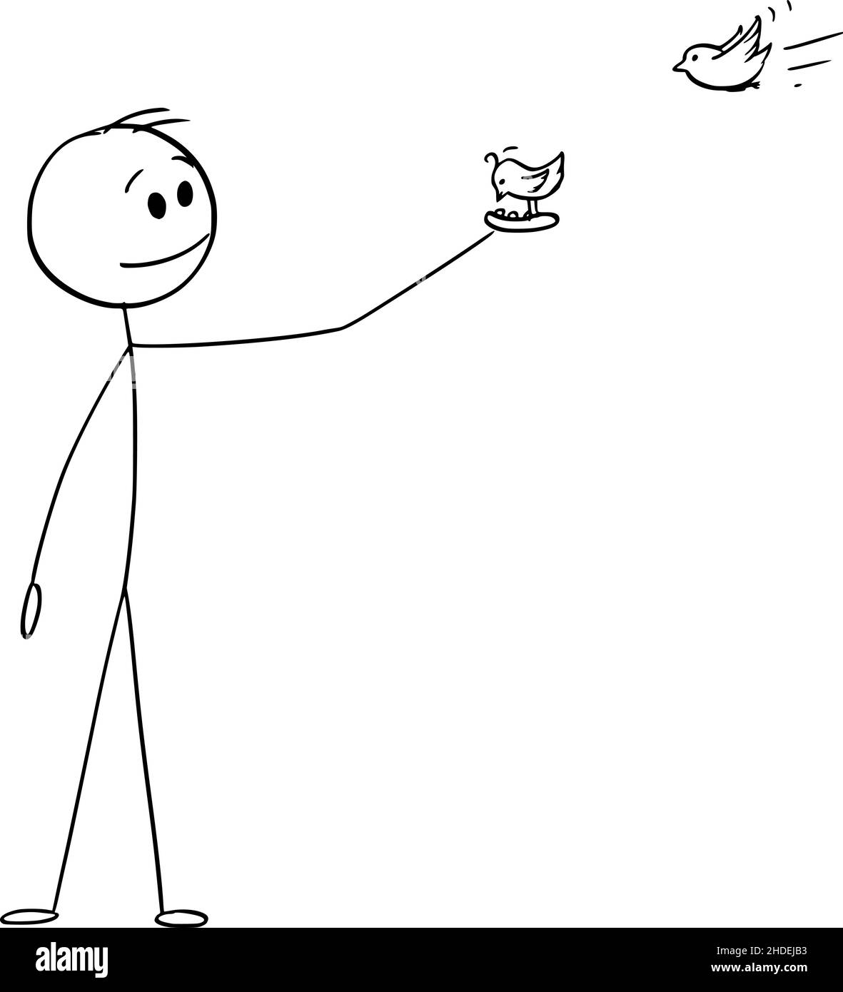 Person Feeding Birds on Hand, Vector Cartoon Stick Figure Illustration Stock Vector