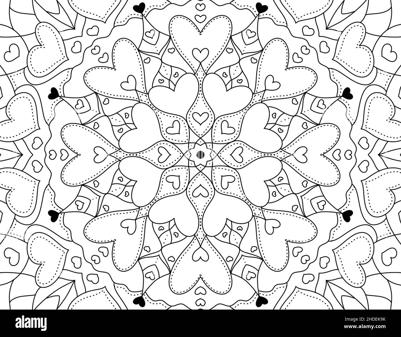 Heart shaped mandala coloring page. Colouring book for adults for self love and stress relief. Romantic motives to color to relieve anxiety. Beautiful Stock Photo