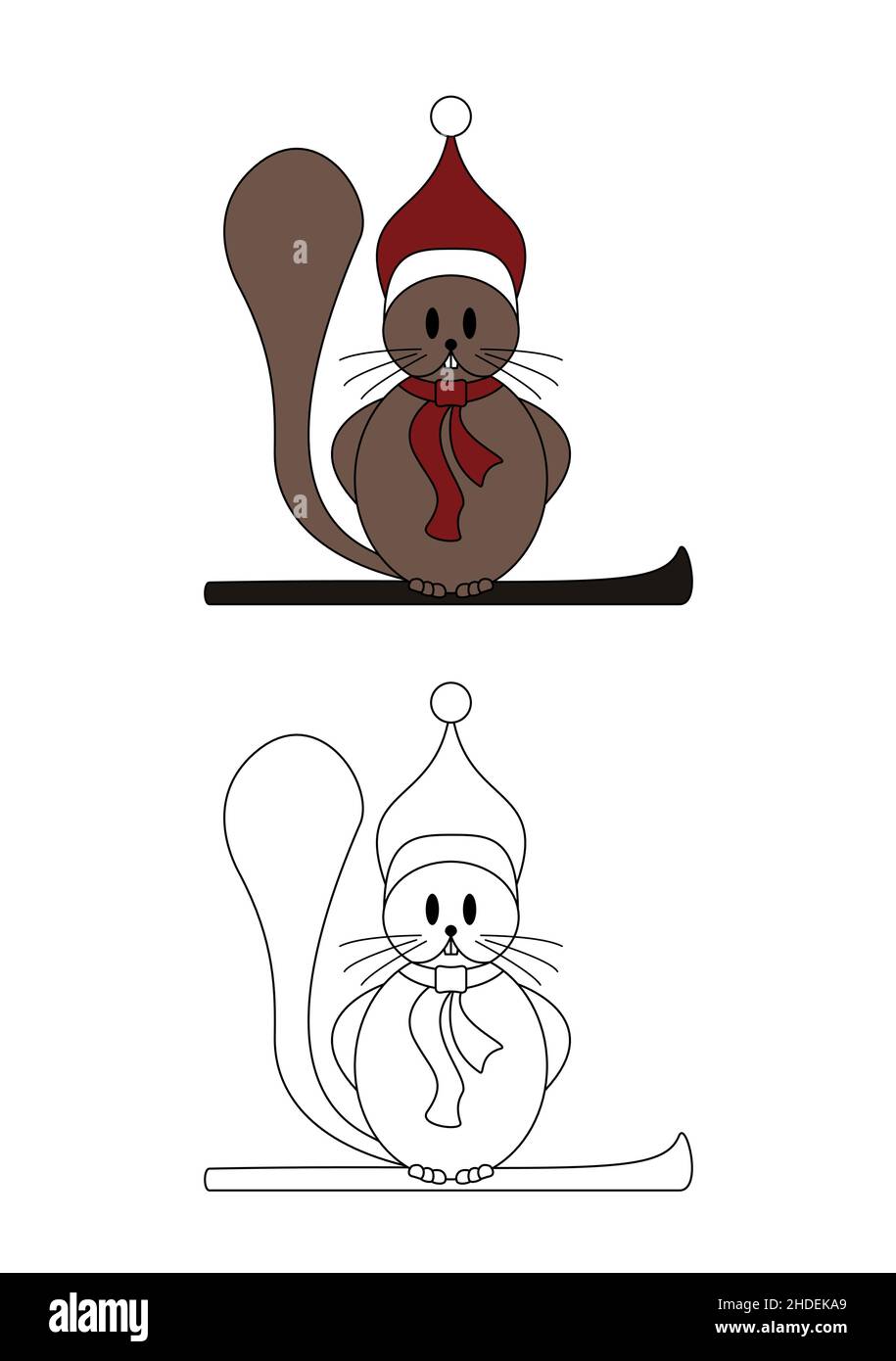 Little beaver. Funny on his snowboard and his christmas hat. Vector illustration. Coloring page for kids. Stock Vector