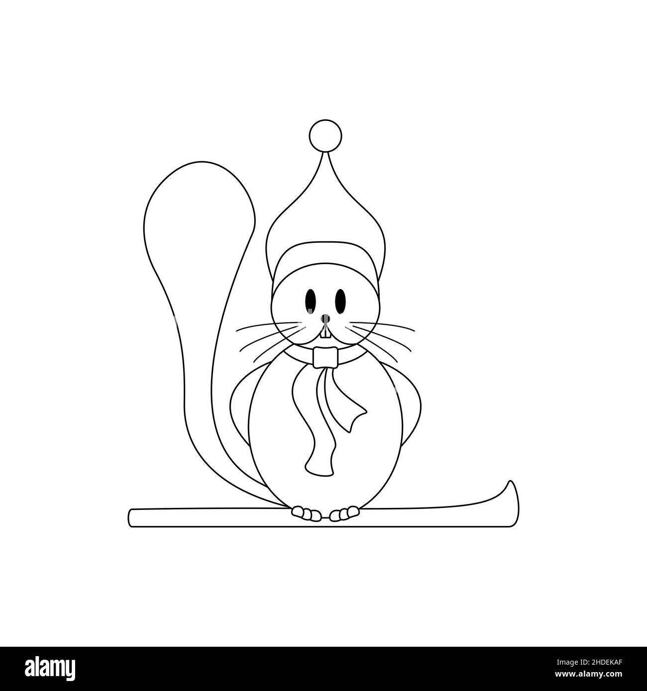 Little beaver. Funny on his snowboard and his christmas hat. Vector illustration. Coloring page for kids. Stock Vector