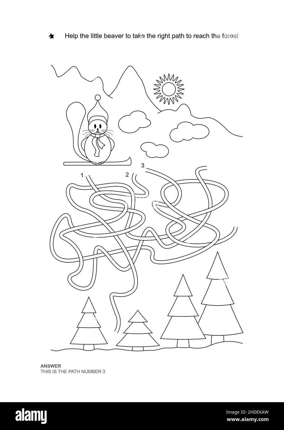 The maze game. Christmas theme. Help the little beaver get on the right path. Game and coloring. Vector illustration. English language. Stock Vector