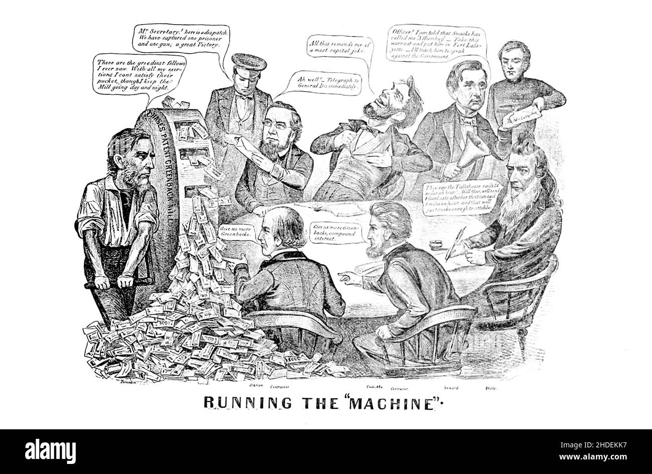 Running the Machine from a collection of Caricatures pertaining to the Civil War published in 1892 on Heavy Plate Paper Stock Photo