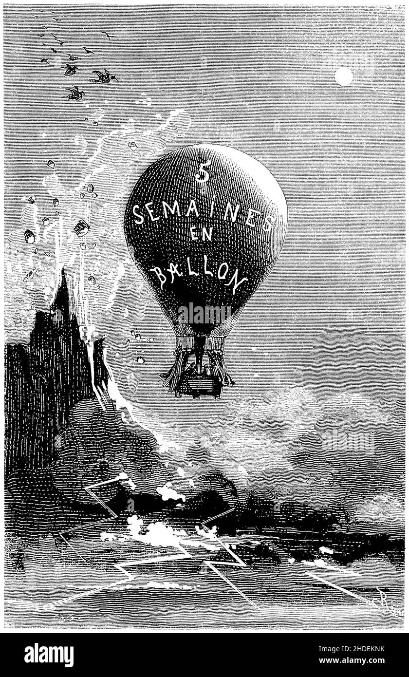 illustration by Riou from Five Weeks in a Balloon, or, A Journey of Discovery by Three Englishmen in Africa (French: Cinq semaines en ballon) is an adventure novel by Jules Verne, published in 1863. It is the first novel in which he perfected the 'ingredients' of his later work, skillfully mixing a story line full of adventure and plot twists that keep the reader's interest through passages of technical, geographic, and historic description. The book gives readers a glimpse of the exploration of Africa, which was still not completely known to Europeans of the time, with explorers traveling all Stock Photo