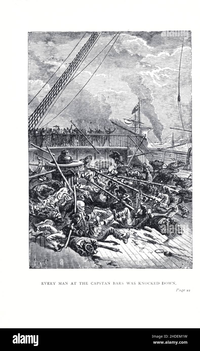 Every Man at the capstan-bars was knocked down by Jules Ferat from A Floating City, or sometimes translated The Floating City, (French: Une ville flottante) is an adventure novel by French writer Jules Verne first published in 1871 in France. At the time of its publication, the novel enjoyed a similar level of popularity as Around the World in Eighty Days. The first UK and US editions of the novel appeared in 1874. Jules Férat provided the original illustrations for the novel. It tells of a woman who, on board the ship Great Eastern with her abusive husband, finds that the man she loves is als Stock Photo