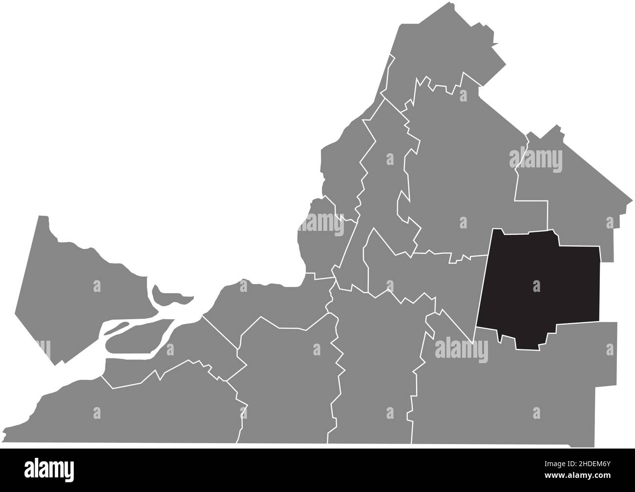 Black flat blank highlighted location map of the LA HAUTE-YAMASKA Regional County Municipality inside gray administrative map of Montérégie, Quebec, C Stock Vector