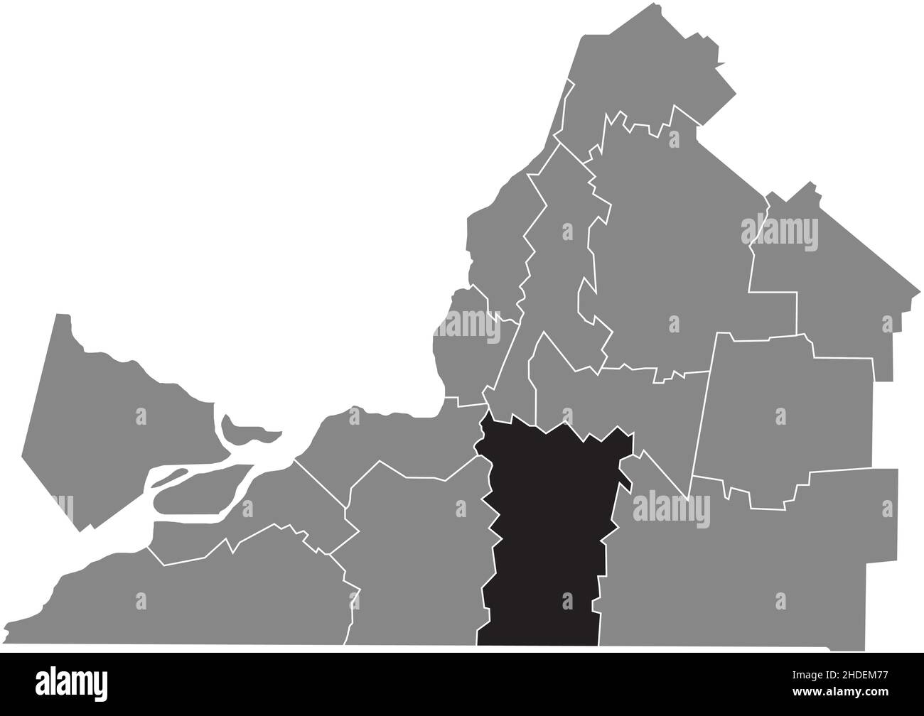 Black flat blank highlighted location map of the LE HAUT-RICHELIEU Regional County Municipality inside gray administrative map of Montérégie, Quebec, Stock Vector