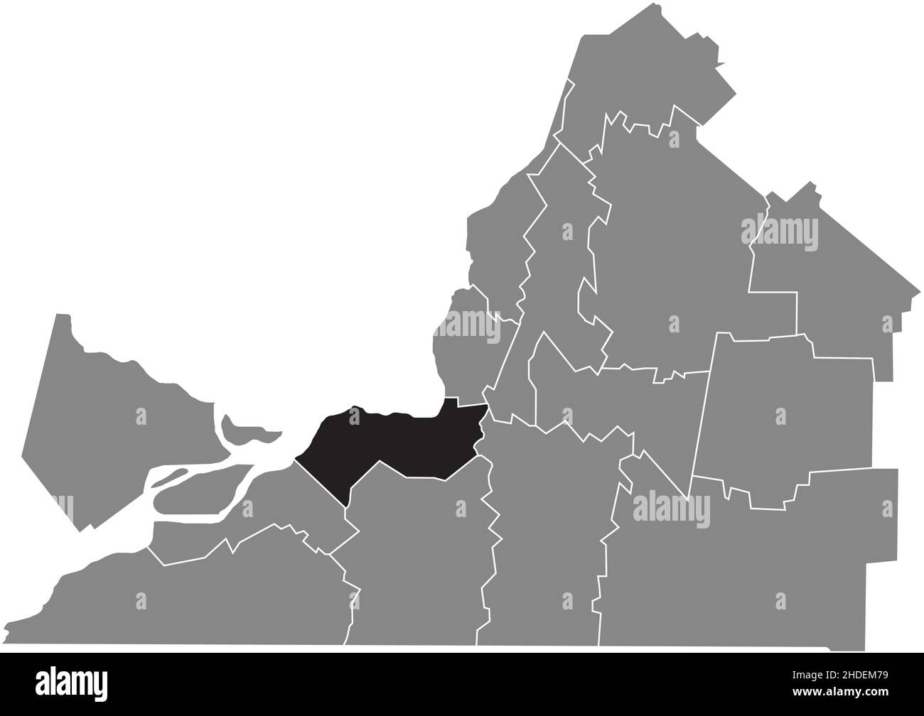 Black flat blank highlighted location map of the ROUSSILLON Regional County Municipality inside gray administrative map of Montérégie, Quebec, Canada Stock Vector