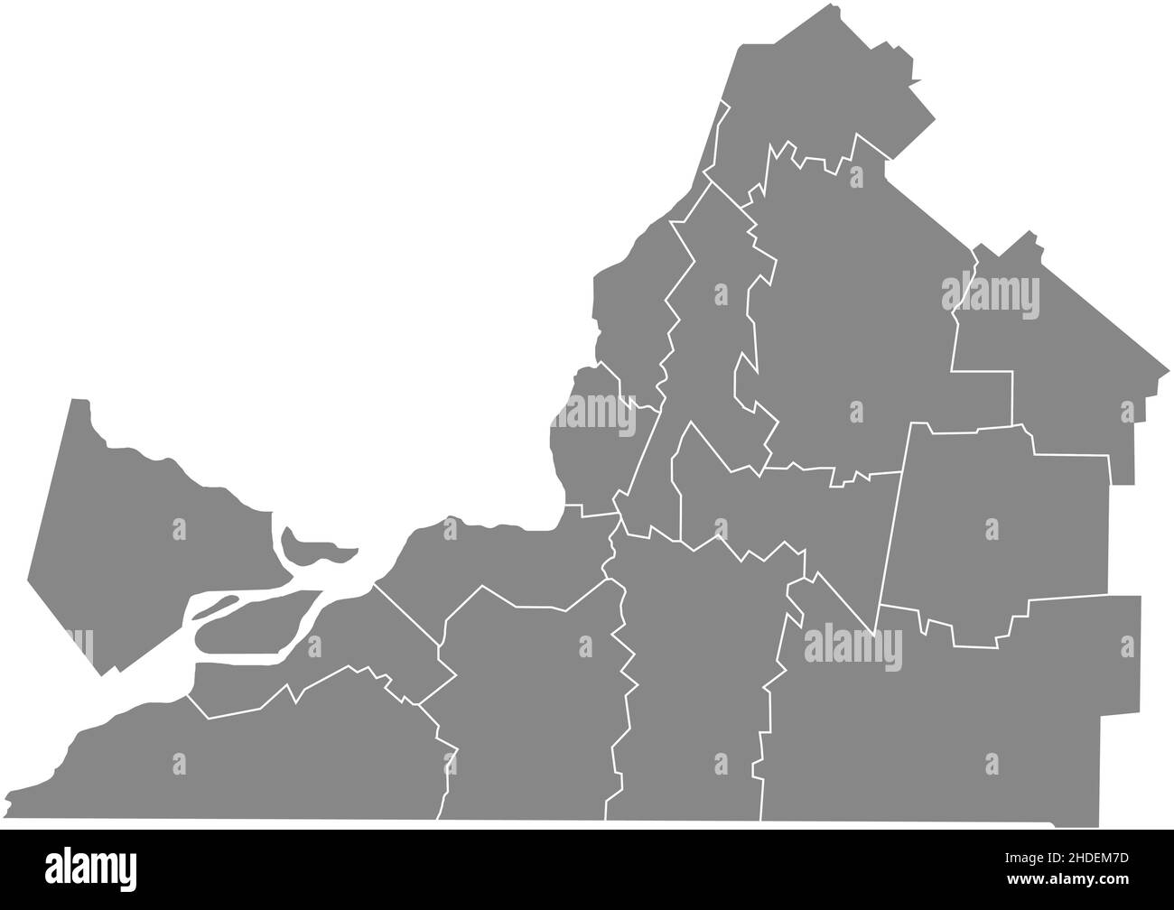 Gray flat blank vector administrative map of the municipalities of MONTÉRÉGIE, QUEBEC, CANADA with white border lines of its municipalities Stock Vector