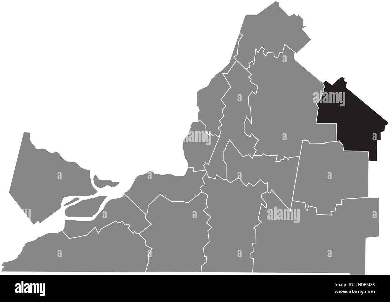 Black flat blank highlighted location map of the AAA  Regional County Municipality inside gray administrative map of Montérégie, Quebec, Canada Stock Vector
