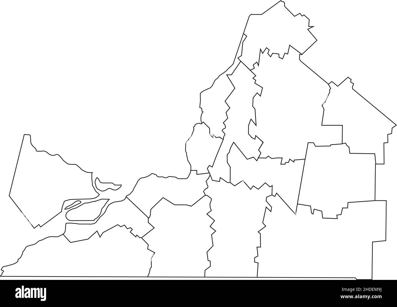 White flat blank vector administrative map of MONTÉRÉGIE, QUEBEC, CANADA with black border lines of its municipalities Stock Vector