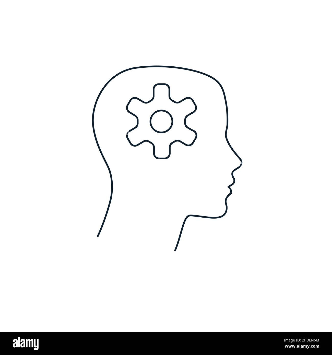 Human head with cogwheel inside linear icon. Artificial intelligence. Thin line illustration. Robot. Stock Vector
