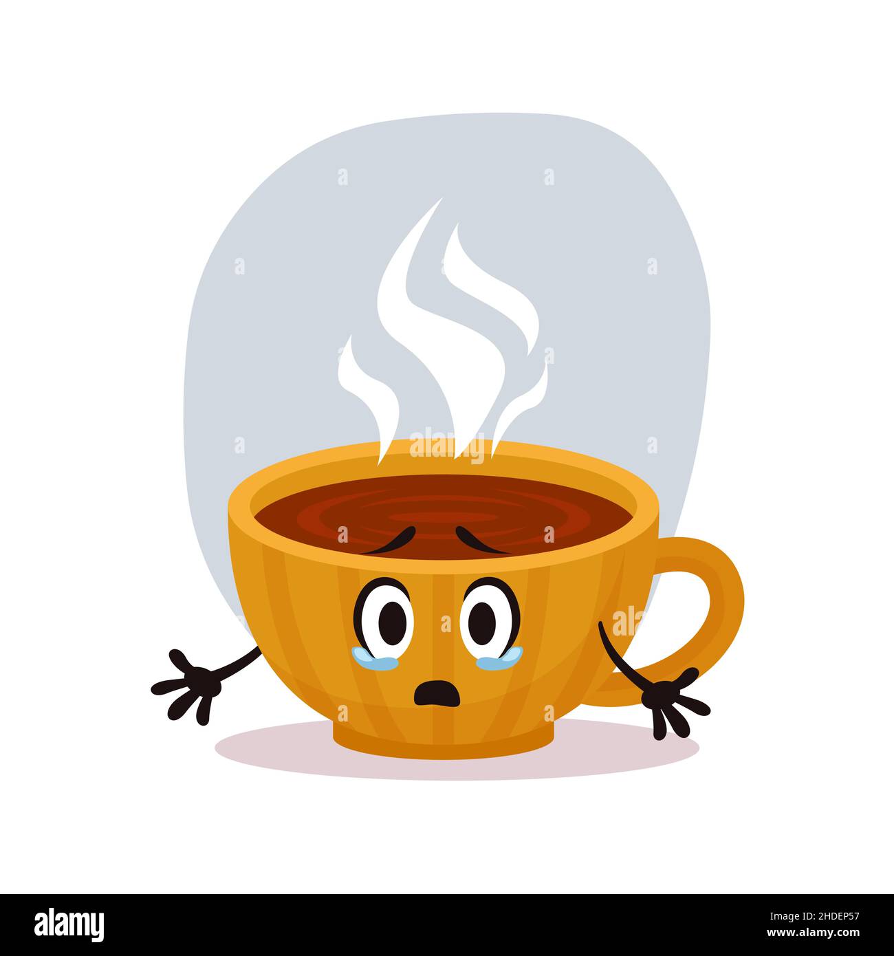 Surprised sad small yellow coffee cup. Hott winter drink in ceramic cup. Character for sticker and postcards Stock Vector