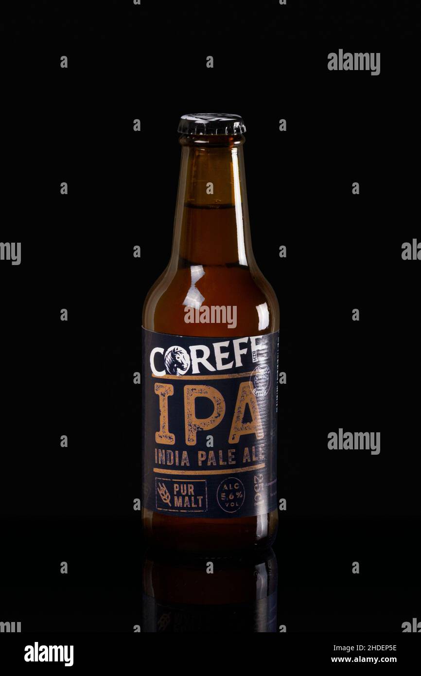 Carhaix, France - January 05 2022: Bottle of Breton IPA beer (Coreff IPA) isolated on black background. Stock Photo