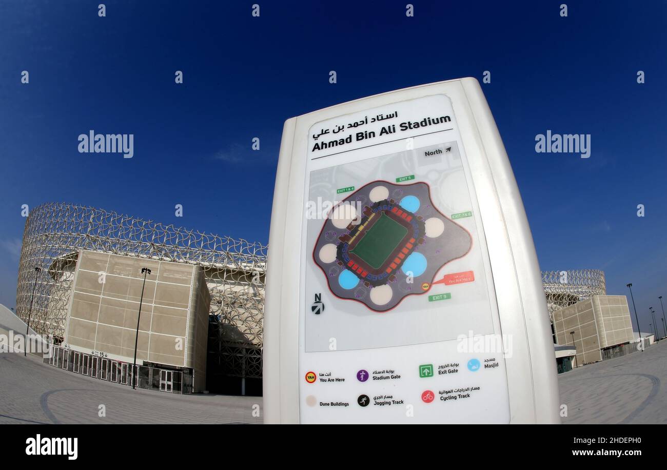 General view of the stadium map outside the Ahmed Bin Ali Stadium in Al  Rayyan, Qatar, taken in the build up to the 2022 FIFA World Cup. Photo by  MB Media 15/12/2021