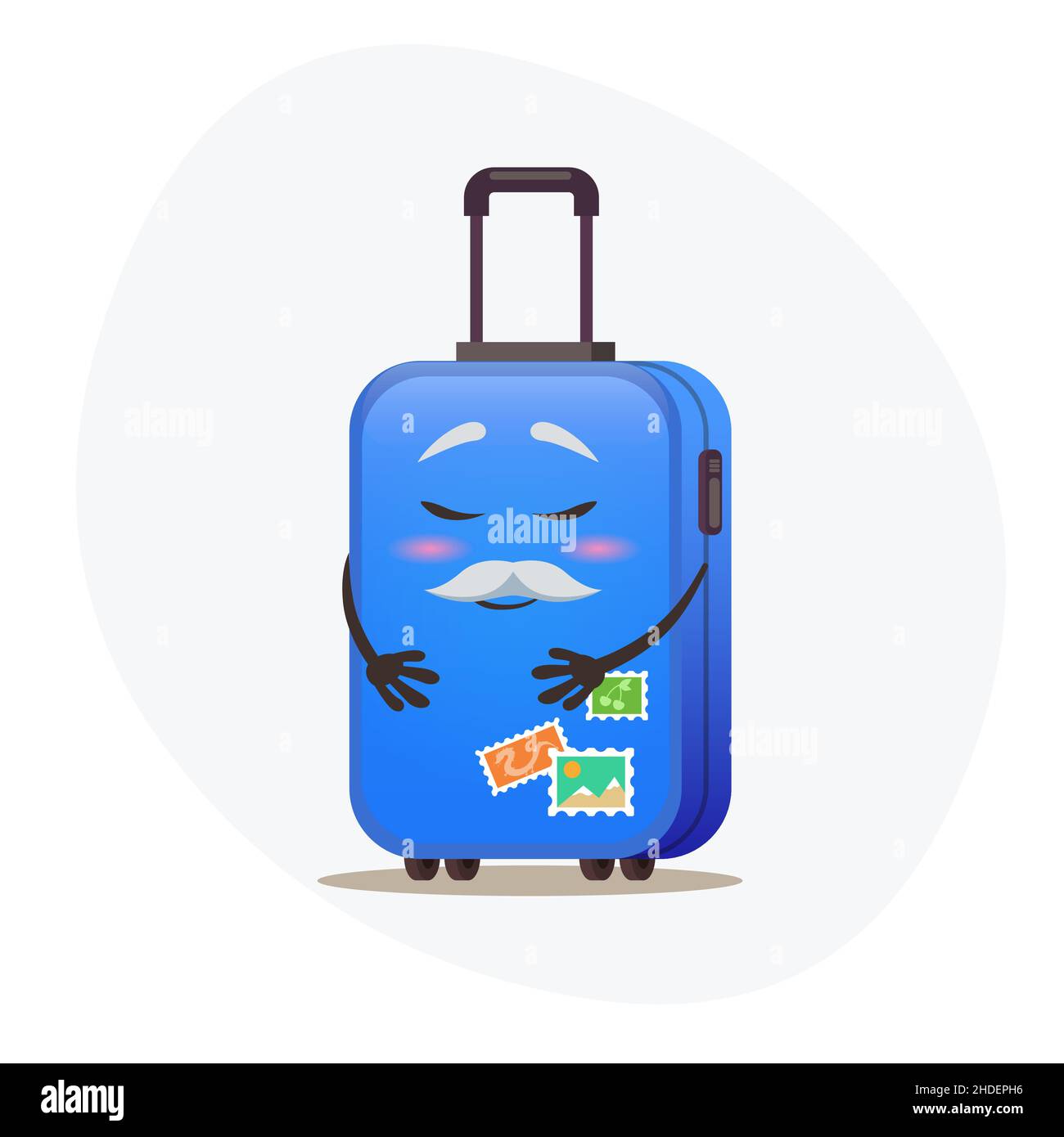 Confused big blue suitcase on wheels and postmarks on plastic corpus dreaming about vacation Stock Vector