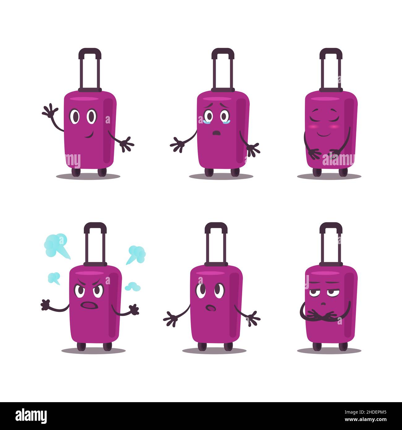 Flat vector violet suitcase pack. Travel bag on wheells emotions set. Stock Vector