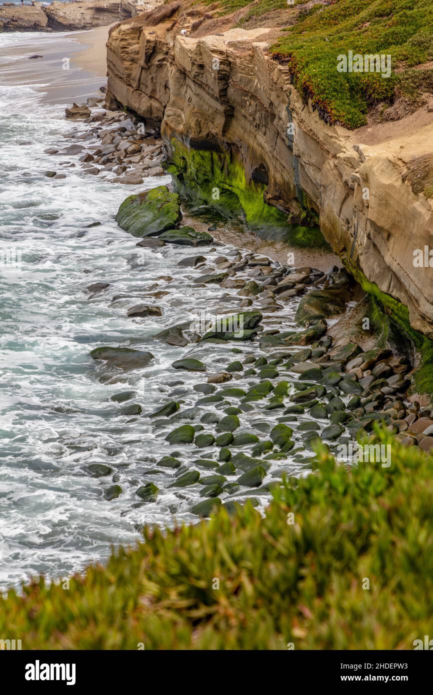 La Jolla Cove is a small, picturesque cove and beach that is surrounded by cliffs in La Jolla, San Diego, California, USA. The Cove is protected as pa Stock Photo