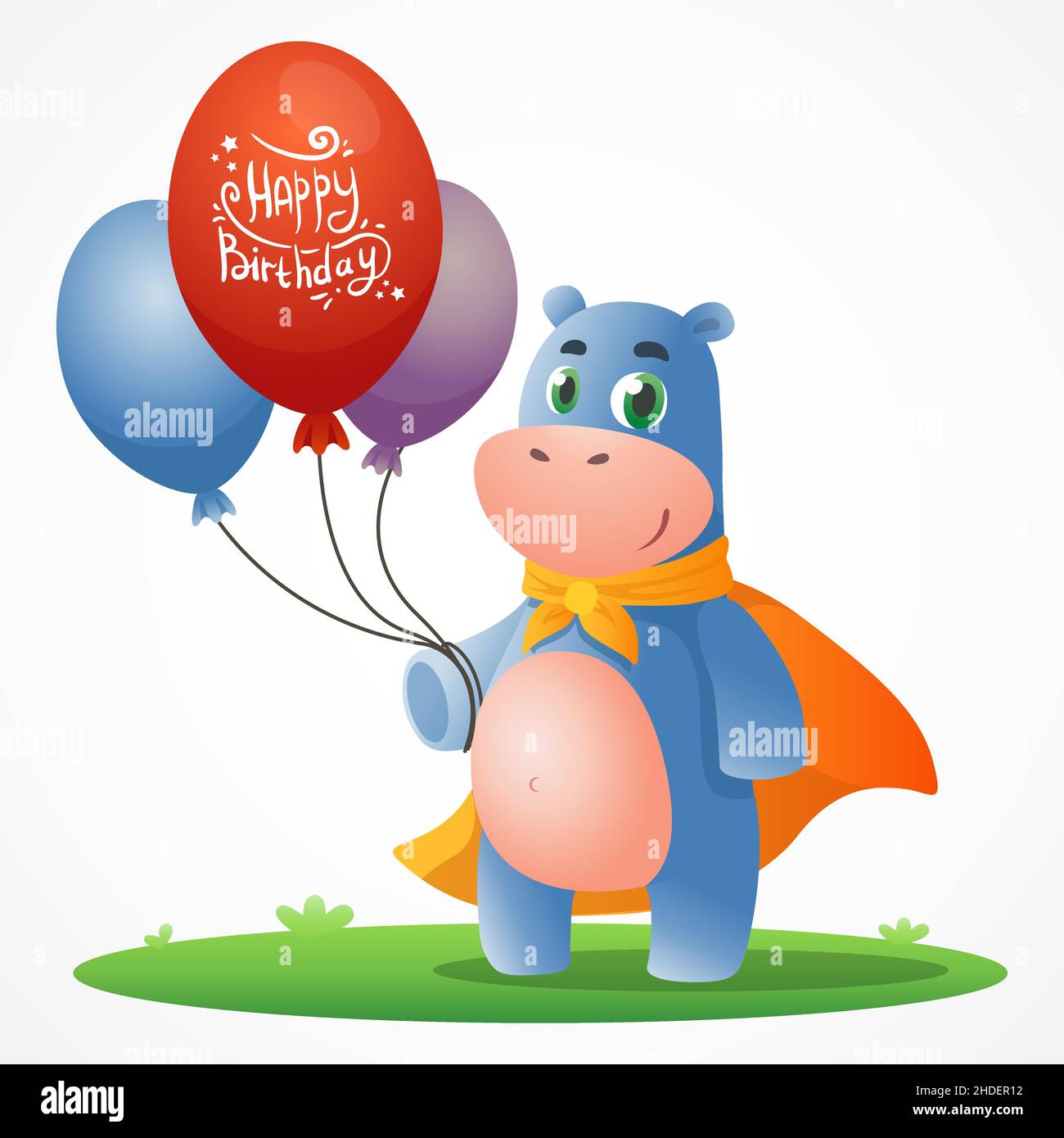 Cute cartoon postcard with Hippo in heroic orange cloak standing on grass and holding balloons Stock Vector