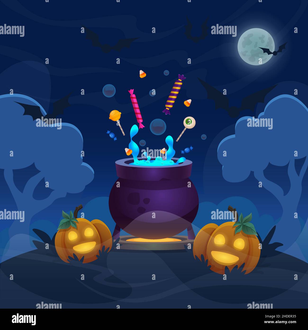 Witch magic pot on hill forest. Cartoon halloween illustration with pumpkins of banner. Fullmoon night sky with flying bats. Stock Vector