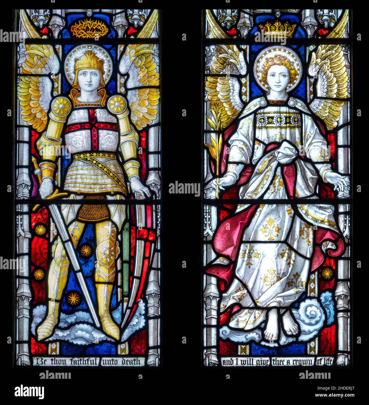 Stained glass windows, St Michael and St Gabriel at the Church of St Micheal and All Angels, Boulge, Suffolk, UK Stock Photo