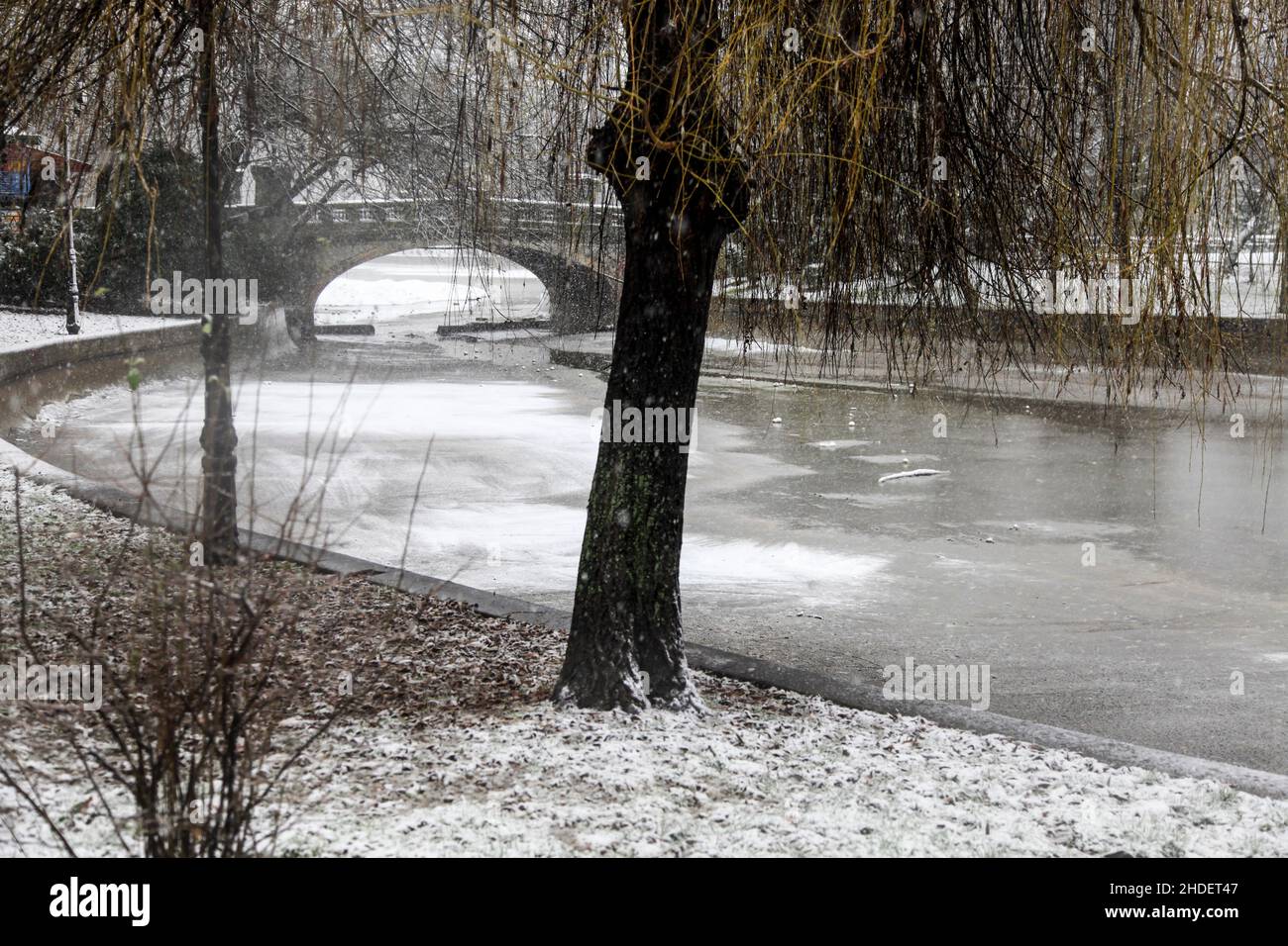 Park During Heavy Snowfall In Winter In Bucharest, Romania Stock Photo