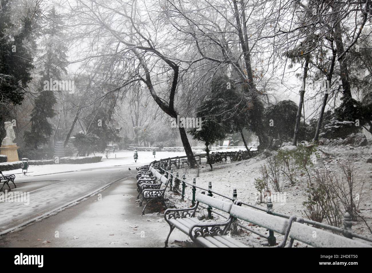 Park During Heavy Snowfall In Winter In Bucharest, Romania Stock Photo
