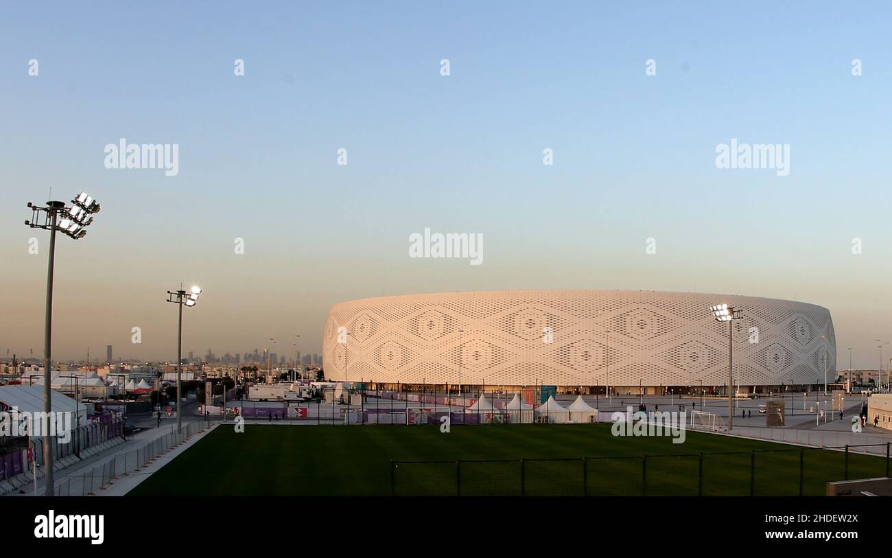 General view outside the Al Thumama Stadium in Al Thumama, Qatar, with a sunset in the background. Taken during the FIFA Arab Cup in the build up to the 2022 FIFA World Cup. Photo by MB Media 07/12/2021 Stock Photo