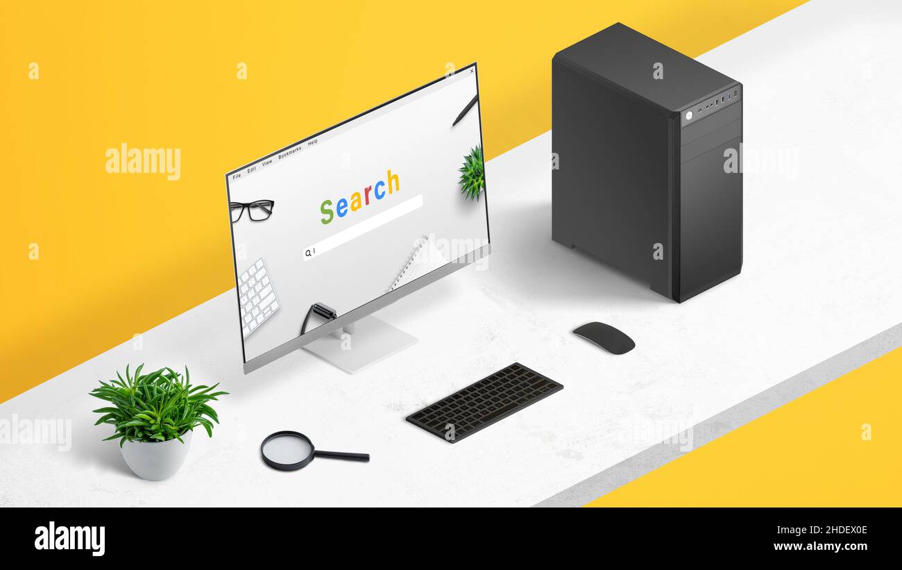 Online search concept with browser and search engine on computer display. Isometric position work desk with yellow background Stock Photo