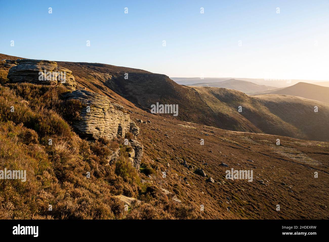 View from Ringing Roger on the edge of Kinder Scout, Edale, Derbyshire in the Peak District. Stock Photo