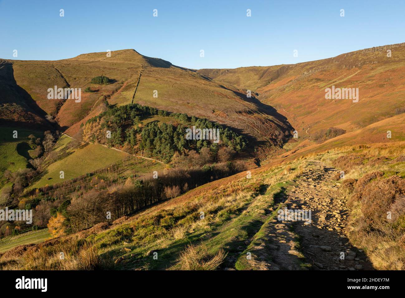 Grindsbrook Clough, Kinder Scout, Edale, Derbyshire on a sunny November morning in the Peak District. Stock Photo