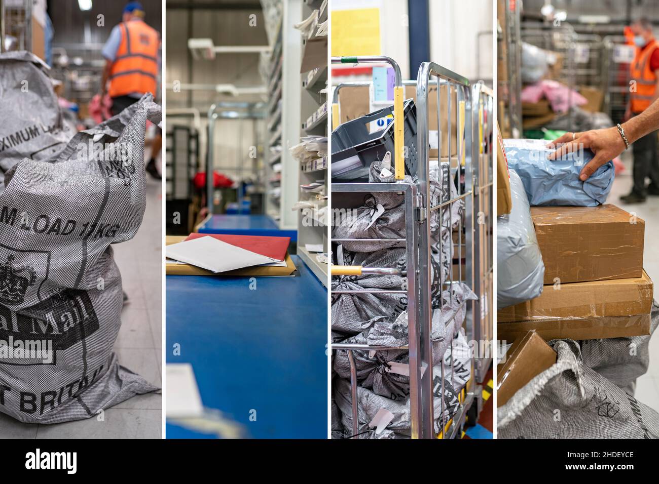 Royal Mail collage. British postal service and courier company. Mail delivery sorting centre inside. Swansea, UK - January 5, 2022. Stock Photo