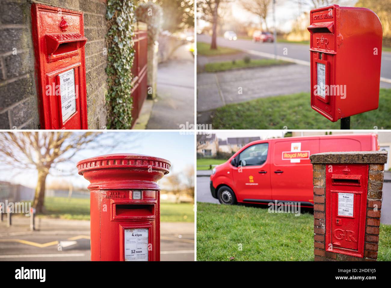 British red mailbox collage. Classic vintage post boxes for letters and Royal Mail van. UK postal service. Stock Photo