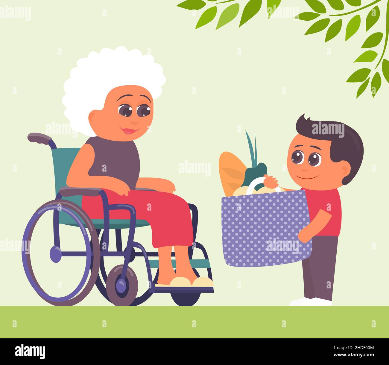 A little grandson brought food to his grandmother in a wheelchair. Caring for and helping the elderly. Family values. Vector cartoon illustration Stock Vector