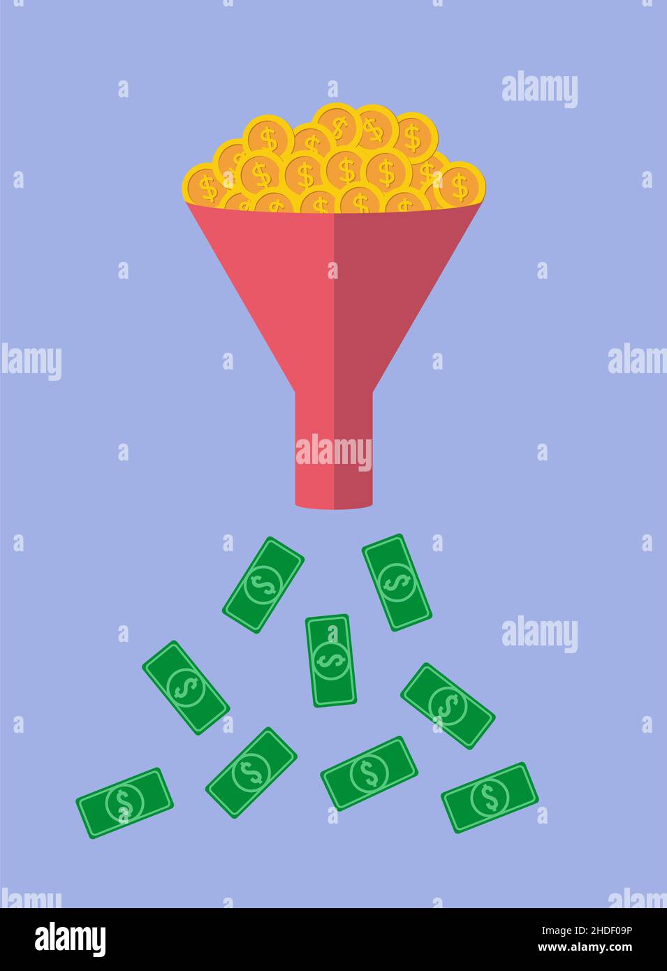 Funnel changing coin into bills on blue background Stock Vector Image ...