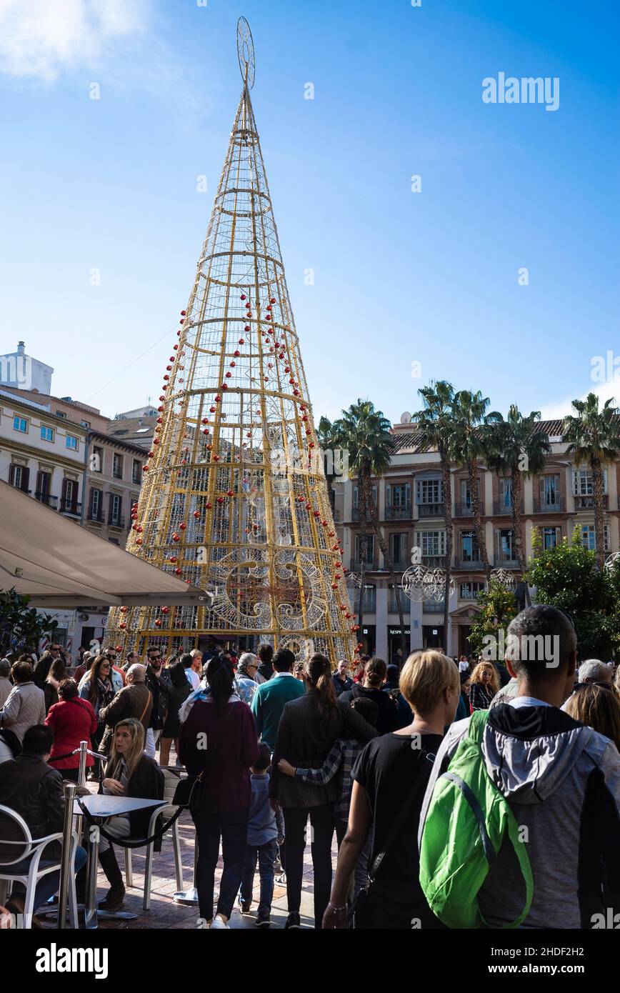 Street scene and Christmas tree, Malaga city, Andalusia, Spain Stock Photo
