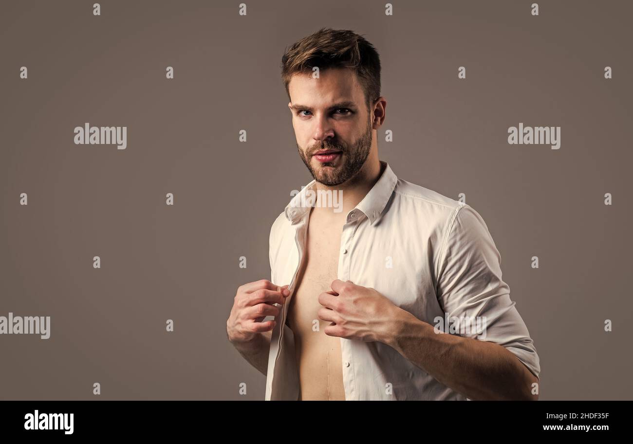 Seducing you. well groomed hairstyle. male beauty and fashion look. formal  office shirt for bearded guy. unshaven handsome man with bristle Stock  Photo - Alamy