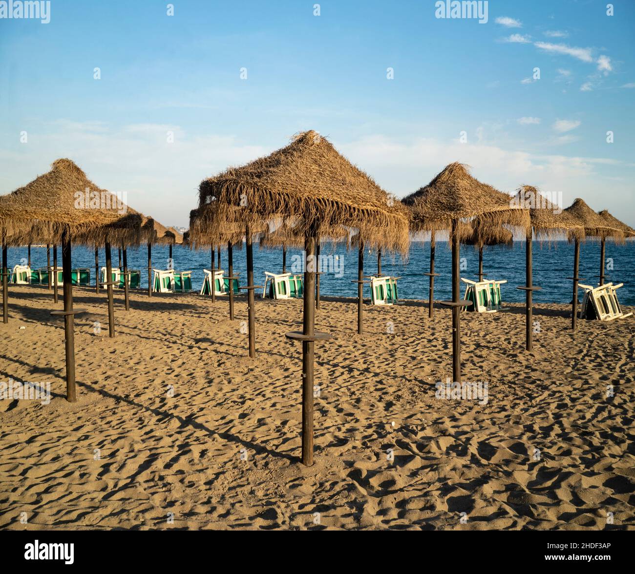 Umbrellas in Malaga beach. Malaga. Andalusia. Spain Stock Photo