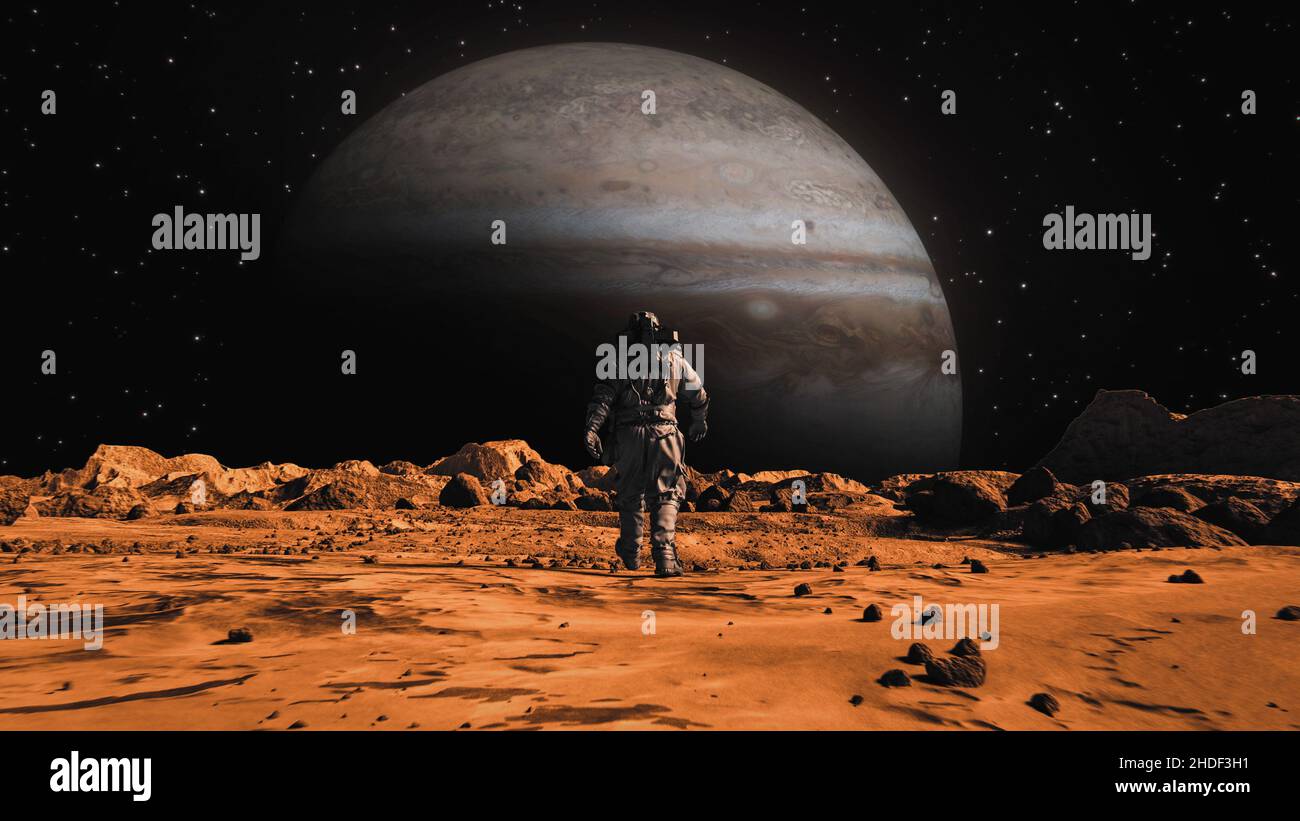 Background of an astronaut on the mars looking at the planet Stock ...