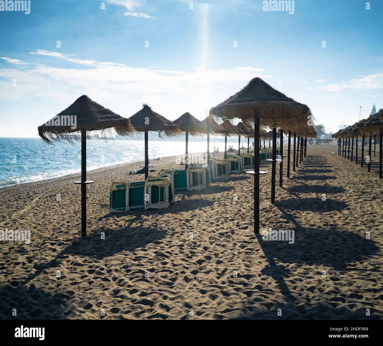 Umbrellas in Malaga beach. Malaga. Andalusia. Spain Stock Photo