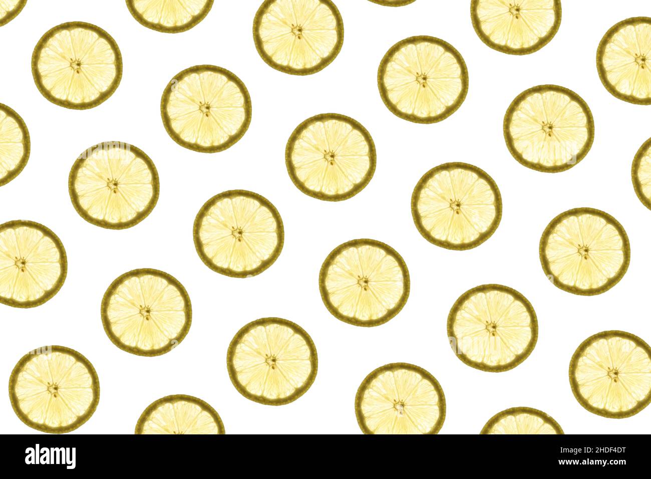 Pattern made of backlit lemon slices on white background Stock Photo