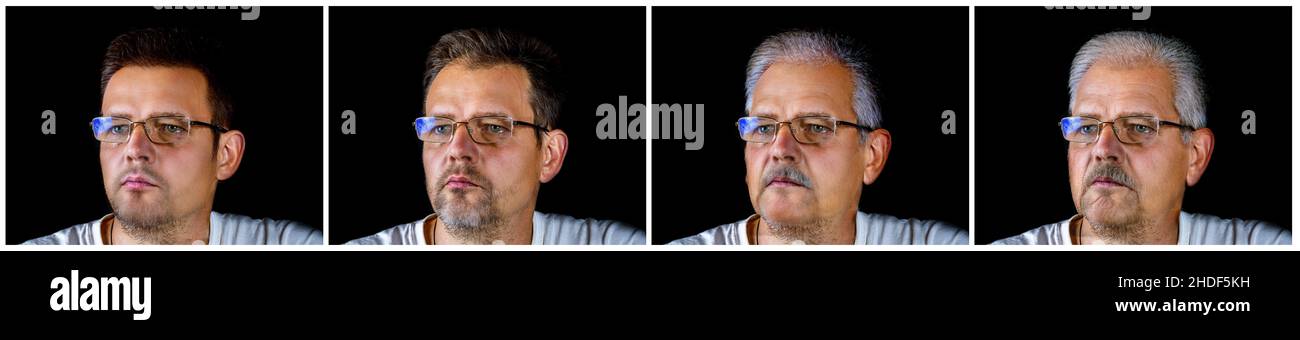 Set of a portrait of a man with glasses of different ages. Stock Photo