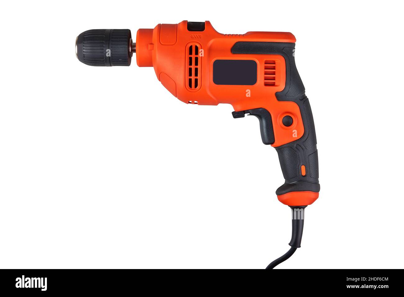 Orange electric drill with cable isolated on white with clipping path Stock Photo