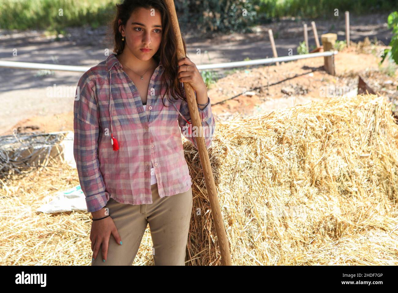 Young depressed female farmhand shoveling hey Stock Photo