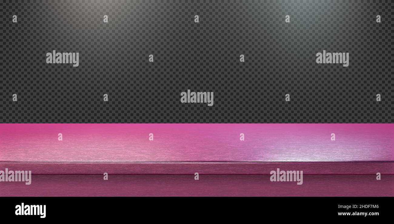 Pink steel countertop, empty shelf. Vector realistic mockup of table top, kitchen counter on transparent background with spot light. Bar desk surface Stock Vector