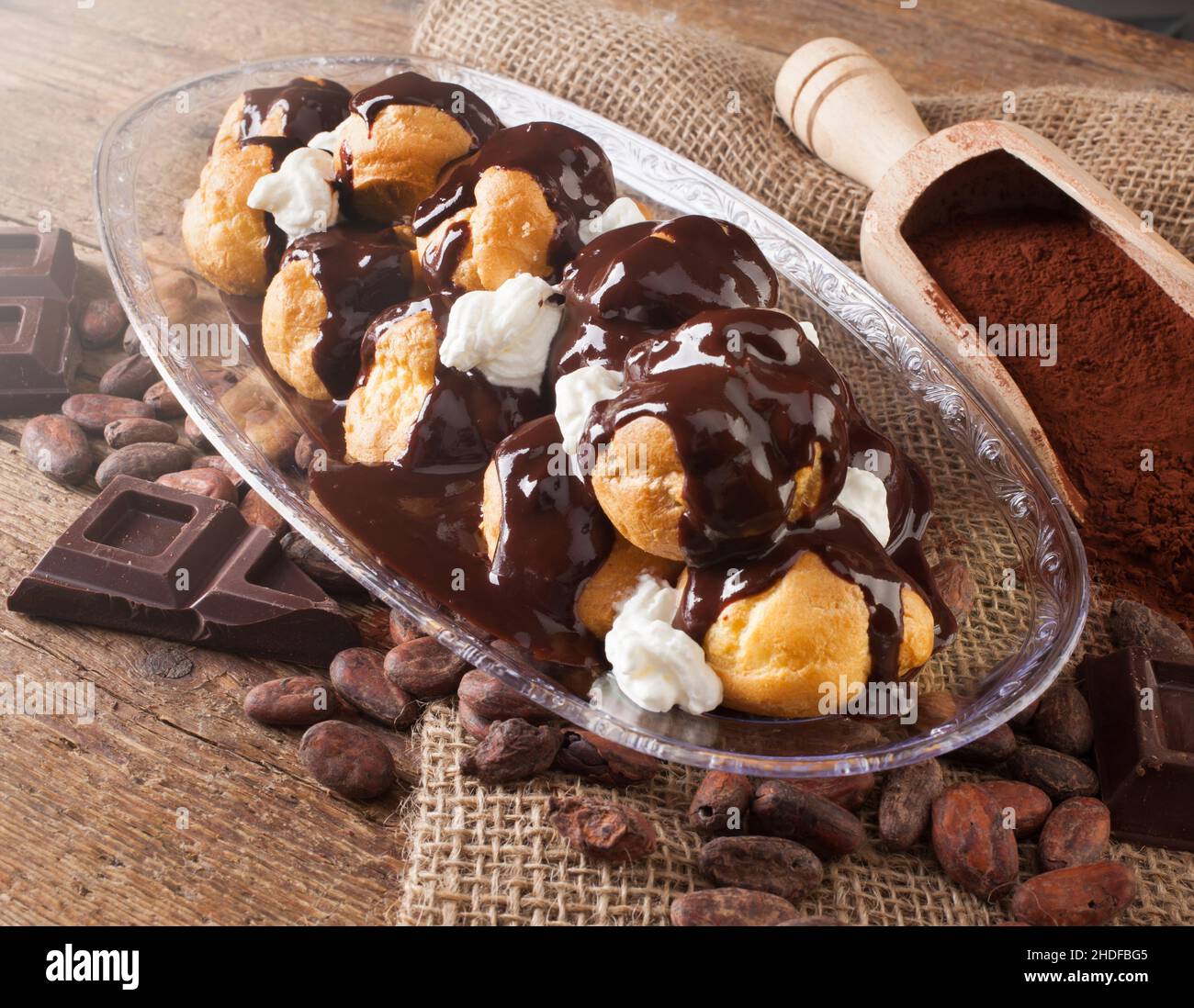 chocolate sauce, puff, chocolate sauces, cream puff, puffs Stock Photo