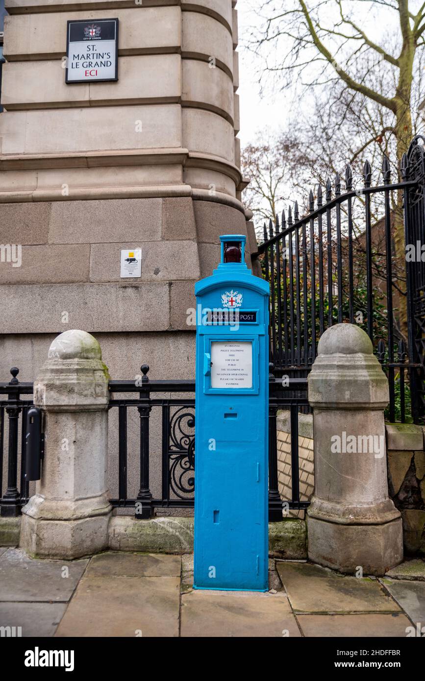 Blue Police telephone box on St Martins Le Grand, London Stock Photo